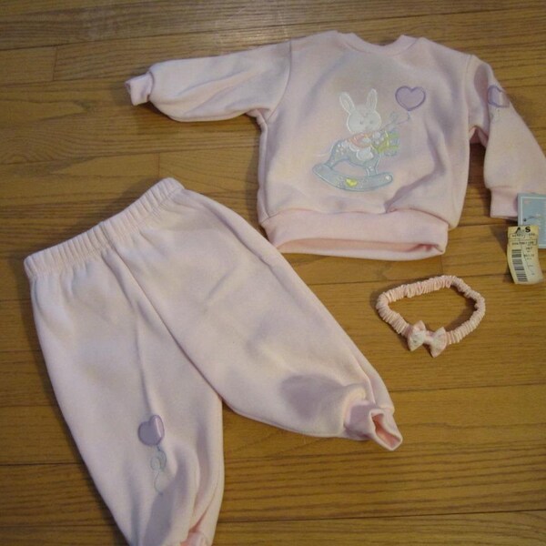 New Old Stock 1980s FIRST IMPRESSIONS Pink Infant Girls Sweatshirt and Sweatpants Set with Matching Headband Size 6-9mos