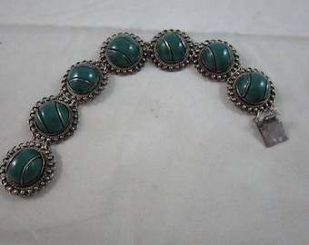 1940s/1950s Sterling Silver w/Green Onyx Link Bracelet Mexico 7.5" 44.7g