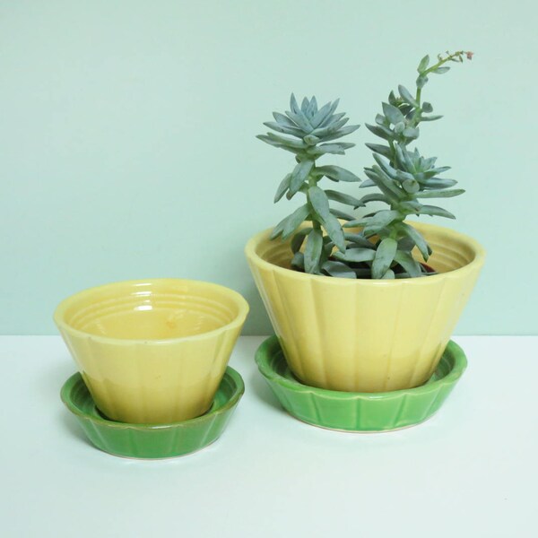Two Shawnee Pottery Flower Pots in Yellow and Green, #533 and #534, Vintage Matching Pair, Small & Medium Size