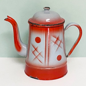 Vintage French Enamelware Coffee Pot: Gray & Orangey-Red, Shabby Chic Farmhouse Decor, As Is