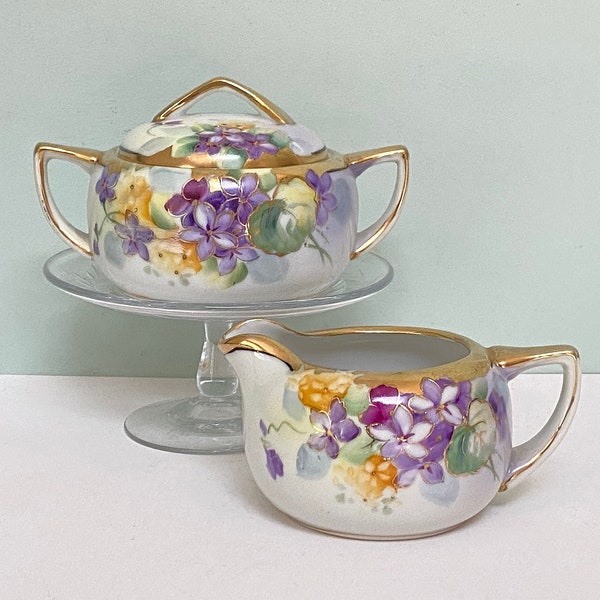 Nippon Porcelain Victorian-Style Sugar Bowl & Creamer Set, Gold Accents, Hand Painted Flowers in Purple, Yellow, Lilac and Green