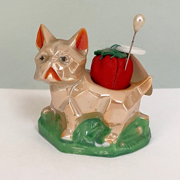 Tiny Vintage Japan Lusterware Porcelain Art Deco Bulldog with Emery Brand Red Strawberry Needle Cleaner Pin Cushion