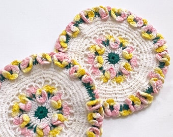 Set of 2 Vintage Handmade Crocheted Pot Holders with Flowers in Pink, Yellow, White & Dark Green