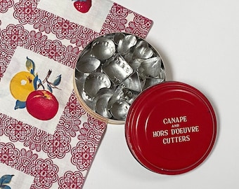 Canapé and Hors D'Oeuvre Cutters Set of 12 Assorted Shapes in Original Tin with Bonus Handmade Fruit Patterned Tea Towel