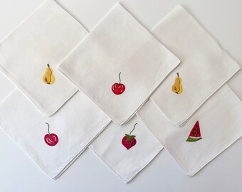 Set of 6 Vintage Linen Cloth Napkins with Appliquéd Fruit – Pears, Cherries, Watermelon & Strawberry