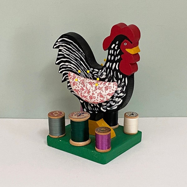 Wooden Folk Art Sewing Rooster Spool Holder, Handmade Primitive Kitschy Cottage Thread Storage with 2 Pin Cushions & 6 Wooden Dowels