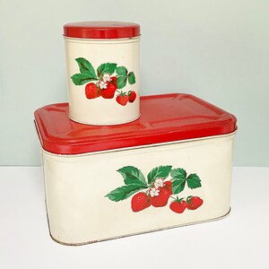 Vintage Metal Bread Box & Matching Single Canister with Red Strawberries, 1950s, Made by Parmeco