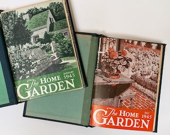 1945 The Home Garden, 12 Volume Magazine Set in Two Green Binders, Beautiful Front Covers, Informative Gardening Articles, Mid-Century Ads