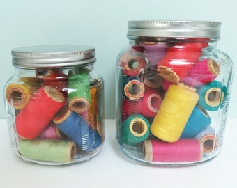 Glass Jars Filled with Vintage Thread in a Rainbow of Colors – Take Your Pick: Medium Jar with 21 Spools or Small Jar with 15 Spools