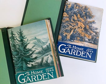 1944 The Home Garden, 12 Volume Magazine Set in Two Green Binders, Beautiful Front Covers, Informative Gardening Articles, Mid-Century Ads