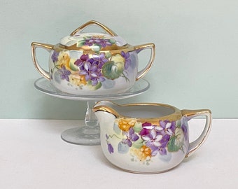 Nippon Porcelain Victorian-Style Sugar Bowl & Creamer Set, Gold Accents, Hand Painted Flowers in Purple, Yellow, Lilac and Green