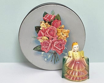 Vintage Round Metal Cookie Tin with Coral Pink Roses & Yellow Snapdragon – Kungsholm Baking Co., New Jersey