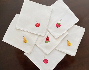 Set of 6 Vintage Linen Cloth Napkins with Appliquéd Fruit – Pears, Cherries, Watermelon & Strawberry