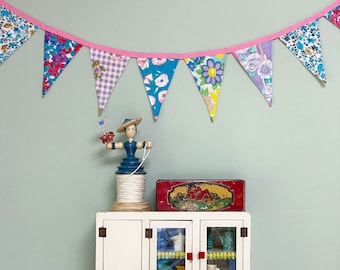 Pennant Banner Bunting Garland Made from Multi-Color 1970s Vintage Floral Fabrics