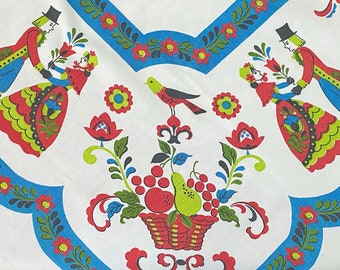 Mid-Century Cotton Tablecloth with a Colorful Pennsylvania Dutch Motif – People, Flowers, Birds, Hearts & Fruit