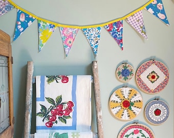 Pennant Banner Bunting Garland Made from Multi-Color 1970s Vintage Floral Fabrics