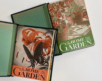 1946 The Home Garden, 12 Volume Magazine Set in Two Green Binders, Beautiful Front Covers, Informative Gardening Articles, Mid-Century Ads