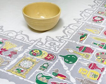 Vintage Startex Tablecloth with Kitchenalia and Home Decor Items in Gray, Magenta, Green, Taupe & Bright Yellow