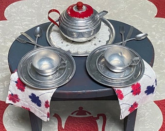 Vintage 18-Piece Little Bo Peep Tin Toy Tea Set for Two – Aluminum Teapot, Tray, Teacups, Saucers, Silverware, Tiny Napkins & Lace Doily