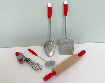 Lot of Five Mid-Century Toy Kitchen Utensils with Red Handles: Tiny Egg Beater, 2 Spoons, Spatula & Wooden Rolling Pin – Cute!