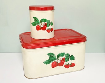 Vintage Metal Bread Box & Matching Single Canister with Red Strawberries, 1950s, Made by Parmeco