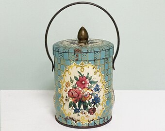 Vintage Murray Allen Floral Candy Tin, Single Handle, Pretty Flowers, Aqua & Gold Grid Pattern, Shabby Chic