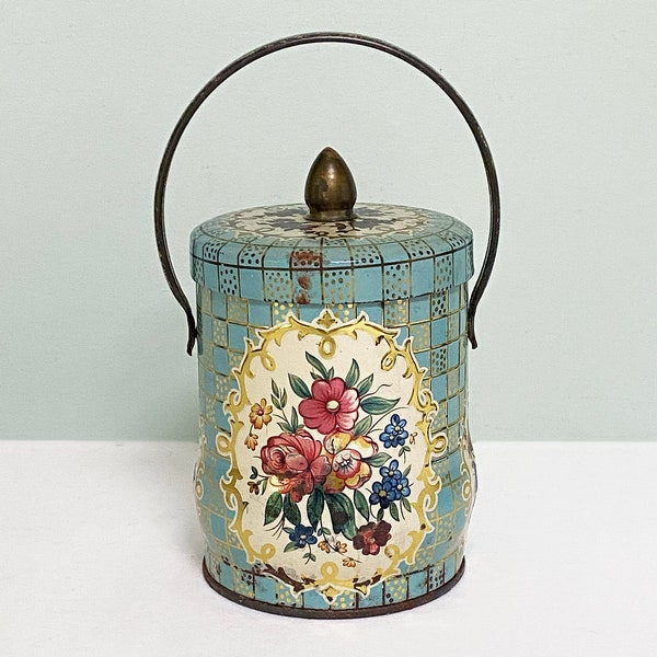 Vintage Murray Allen Floral Candy Tin, Single Handle, Pretty Flowers, Aqua & Gold Grid Pattern, Shabby Chic