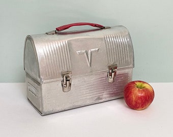 Shabby Mid-Century Thermos Brand Aluminum Dome Lunch Box, Iconic "V" Victory Domed Design with Red Plastic Handle, As Is