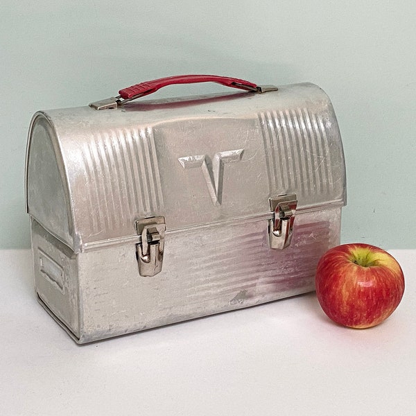 Shabby Mid-Century Thermos Brand Aluminum Dome Lunch Box, Iconic "V" Victory Domed Design with Red Plastic Handle, As Is