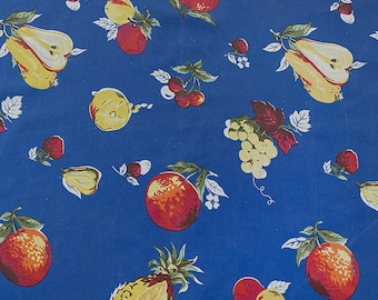 Large Vintage Tablecloth – Blue Background with Colorful Fruit in Red, Yellow, White & Green – Cherries, Strawberries, Apples, Pears, Grapes