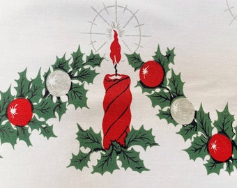 Mid-Century Christmas Tablecloth – Topiaries, Ornaments, Candles & Bows in Red, Green, Gray and Black – As Is