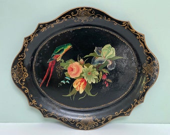 Oval Black Metal Toleware Serving Tray with Hand Painted Flowers, Parrot & Fancy Gold Line Work