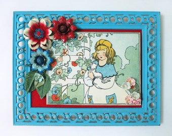 Morning Glories – Framed Handmade One of a Kind Mixed Media Wall Art with Found Objects & Vintage Ephemera — Charming!