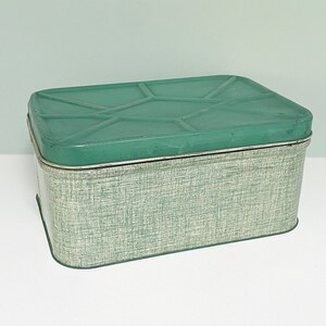 1950s Metal Bread Box Tin with Faux Tweed Pattern & Green Hinged Lid