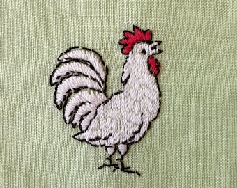 Set of 7 Light Green Fringed Linen Vintage Beverage, Appetizer or Cocktail Napkins with Roosters in White, Black & Red