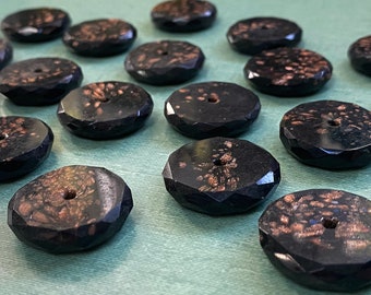 Late 1800s Black Glass Sew-Through Antique Whistle Buttons with Copper Foil Inclusions – 3 Sets of 6 Available