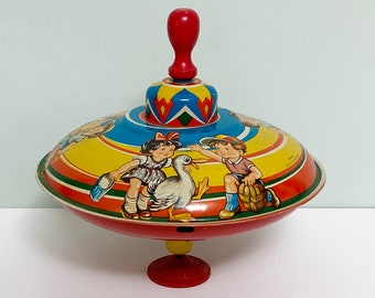 Vintage Tin Litho Spinning Top Toy, Wonderful Graphics, OMAG, Made in Western Germany, Works!