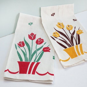Pair of Vintage Kitchen Tea Towels with Red and Yellow Tulips and Bumble Bees by Cannon