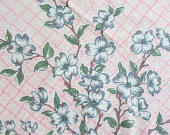 1950s Floral Tablecloth – Dogwood Blossoms with Basketweave Pattern in Shades of Pink, Gray, White, Green & Brown – As Is