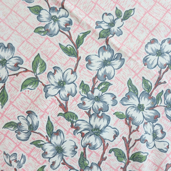1950s Floral Tablecloth – Dogwood Blossoms with Basketweave Pattern in Shades of Pink, Gray, White, Green & Brown – As Is