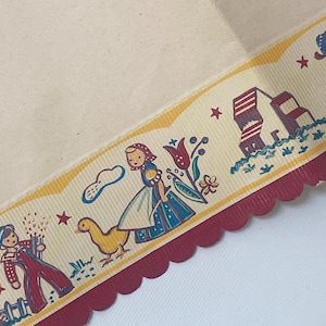 Carta da parati decorativa per mensole Royledge del 1933 con bordatura – Motivo fattoria con bambini adorabili – Inutilizzata, lunga 9 piedi – Etichetta originale