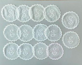 Set of Madeira Style Monogramed Doilies, Vintage Linen Goblet Rounds – Embroidered & Appliquéd Initial S or E – Take Your Pick!