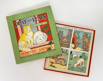 1925 Play and Learn Crayon Set, Domestic Animals – Stoll & Edwards Co. Inc. New York – Original Box, Beautiful Illustrations