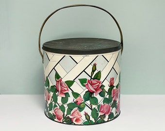 Large Round Shabby Vintage Storage Tin or Waste Can with Single Handle, Lattice Design, Pink & Red Roses, As Is