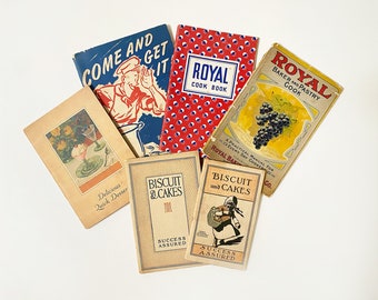 Cook Booklet Lot: 1929 Delicious Quick Desserts – 1942 Come and Get It! – 1890 and 1937 Royal Baking Powder – 1911 and 1915 Reliable Flour