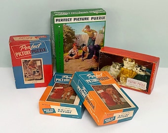 Lot of 5 Mid-Century Jigsaw Puzzles in Original Boxes, All Complete – Perfect Picture Grandma, Dog & Musician – Whitman Basket of Kittens