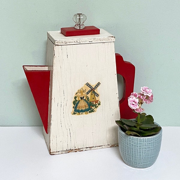 Rare 1940s Handmade Wooden Soap Powder Dispenser Pitcher, Teapot, Coffee Pot with Charming Dutch Girl & Windmill Decal