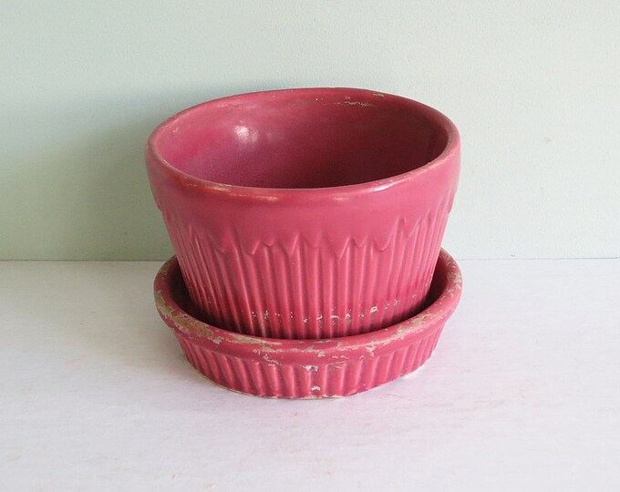 Dark Pink Flower Pot With Attached Saucer by Morton Pottery Etsy