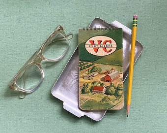 1930s V-C Fertilizers Small Spiral Notebook & Aluminum Tray,  17 Unused Lined Pages, Color Farm Photos, Virginia-Carolina Chemical Corp.