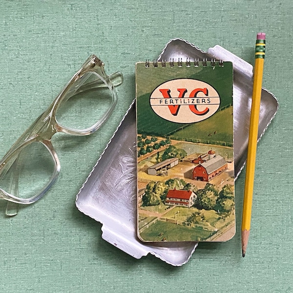 1930s V-C Fertilizers Small Spiral Notebook & Aluminum Tray,  17 Unused Lined Pages, Color Farm Photos, Virginia-Carolina Chemical Corp.